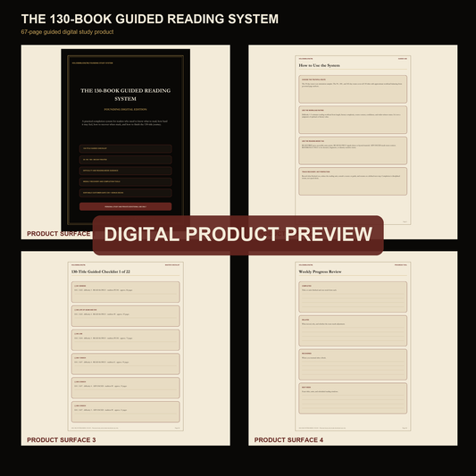 Actual interior preview: reading routes, the 130-title checklist and weekly progress tools.