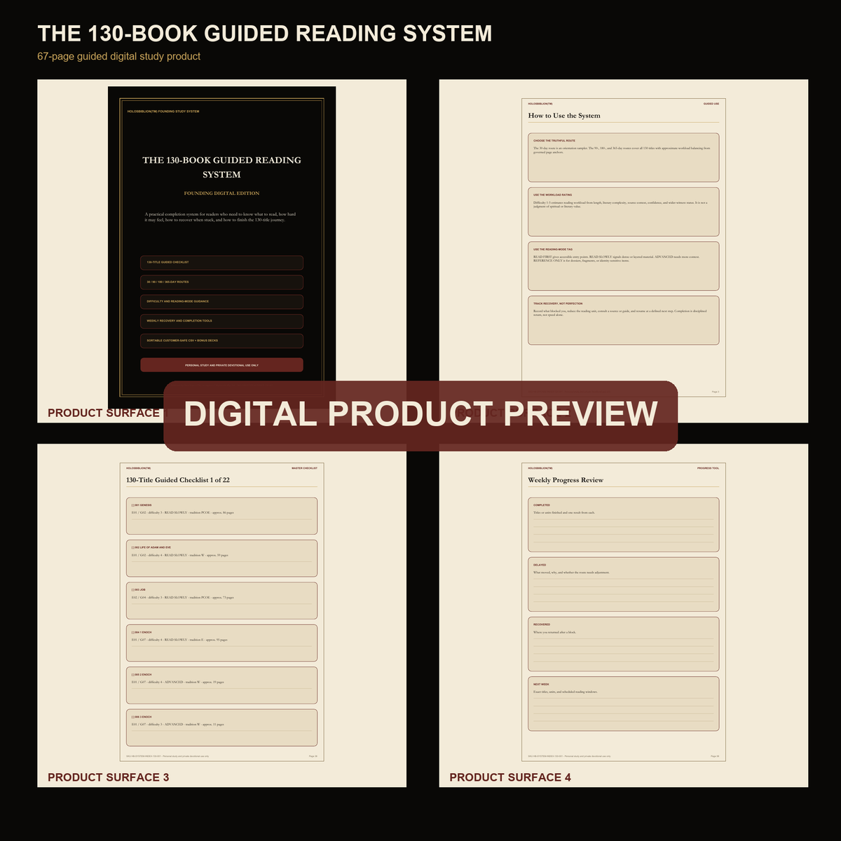 Actual interior preview: reading routes, the 130-title checklist and weekly progress tools.