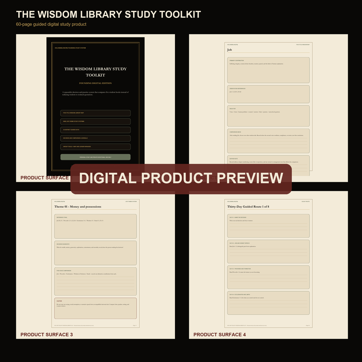 Actual interior preview: five wisdom books, theme comparisons and the thirty-day route.