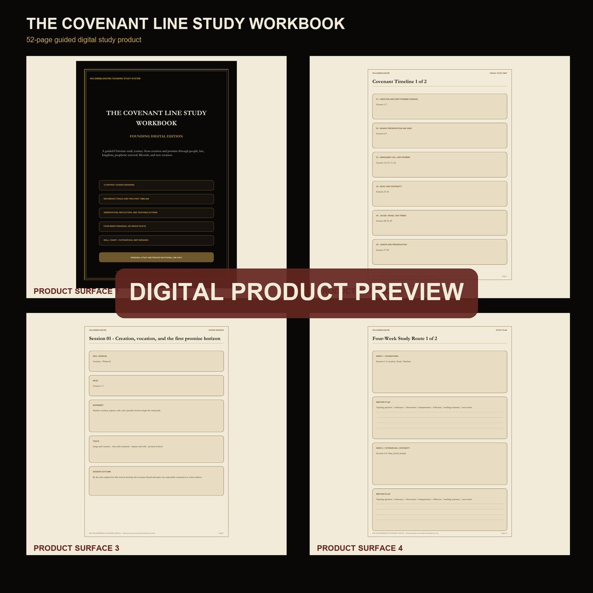 Actual interior preview: covenant timeline, a guided session and the four-week study route.